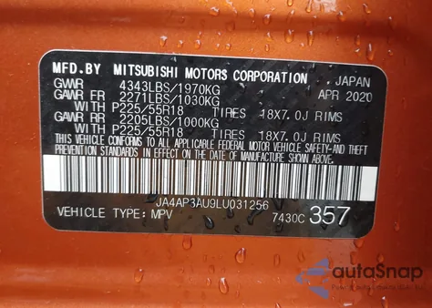 2020 Mitsubishi Outlander Sport 2.0 Be/2.0 Es/2.0 Sp from USA, damaged, VIN JA4AP3AU9LU031256